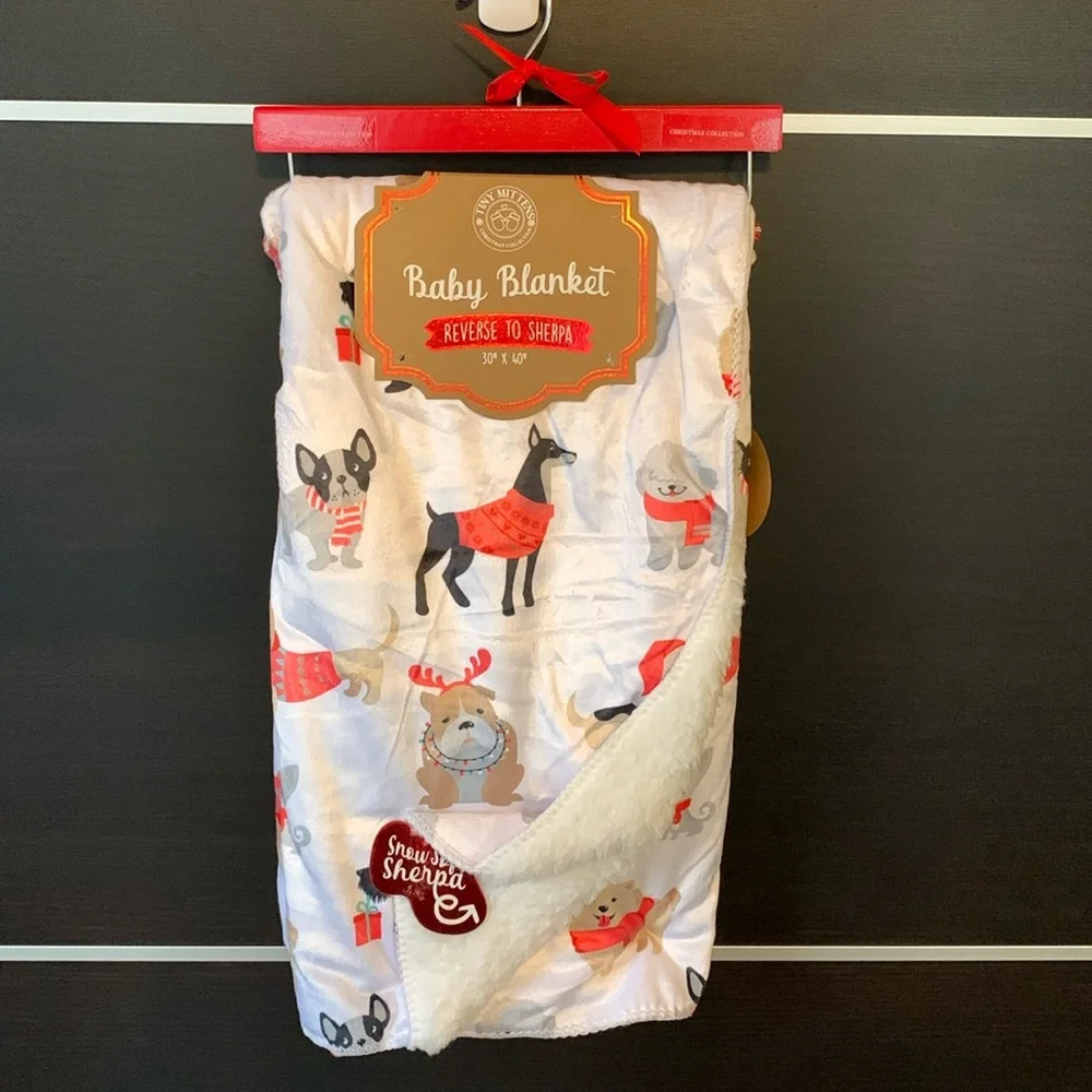 Tiny Mittens Puppy Days of Winter Holiday Reversible Sherpa Baby Blanket